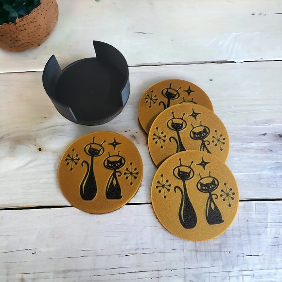 Mid Century Modern Space Age Cats Coasters For Bar Kitchen Room Retro Decor Gold - Picture 6 of 10